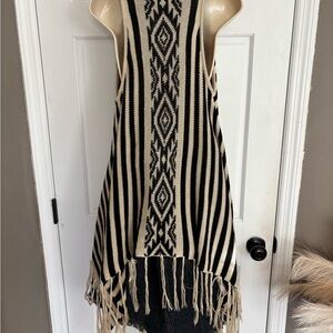Boho Babe Striped Aztec Print Sweater Duster Vest with Fringe. Festival Chic.